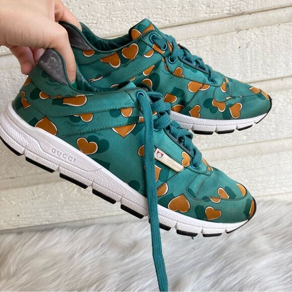 GUCCI. TEAL green Heart Satin Silk Monogram Sneakers Ace Princetown oxfords 36.5 - Picture 3 of 13